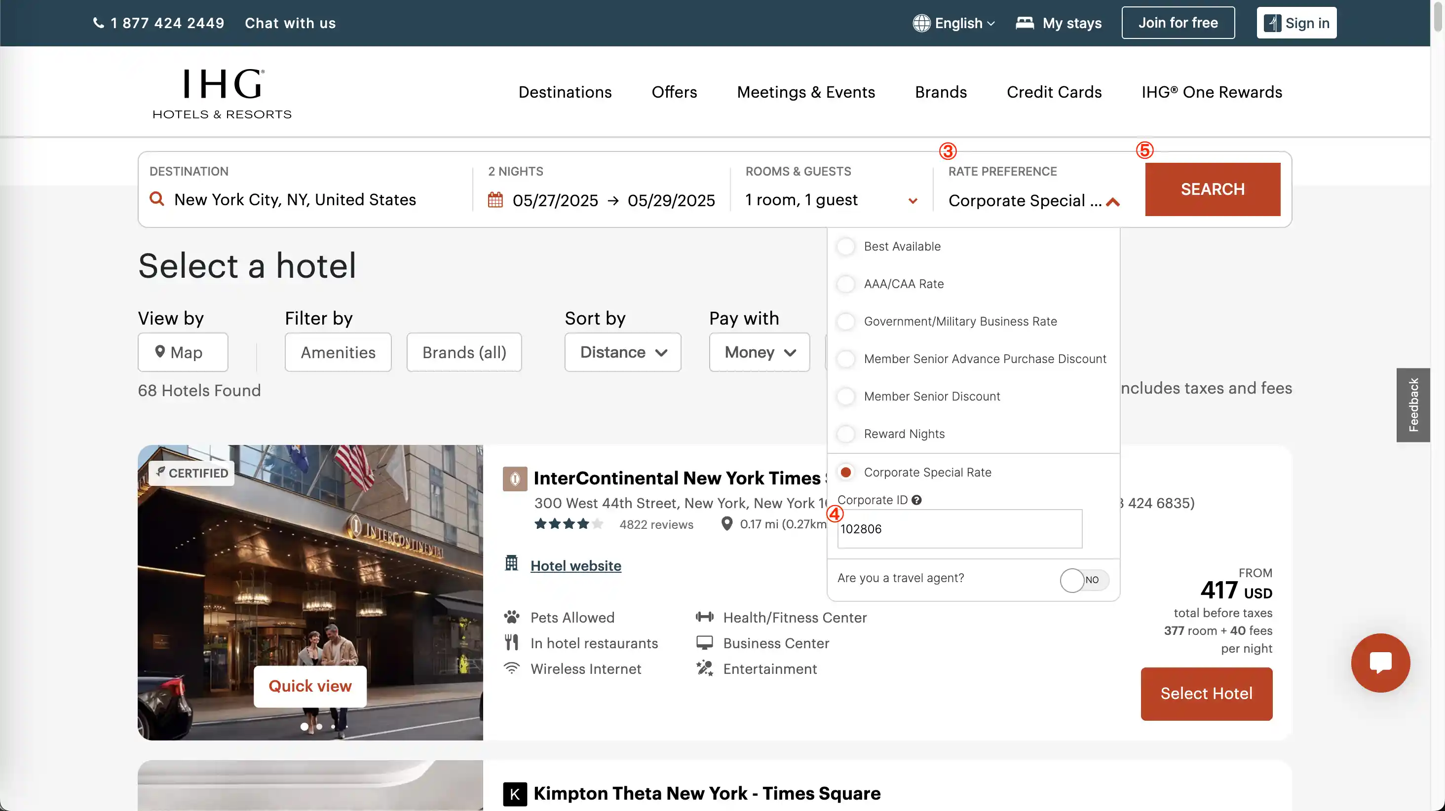 Step 2: Selecting 'Corporate Special Rate' and entering a valid IHG 'Corporate ID' in the designated field during the IHG booking process to apply the discount.