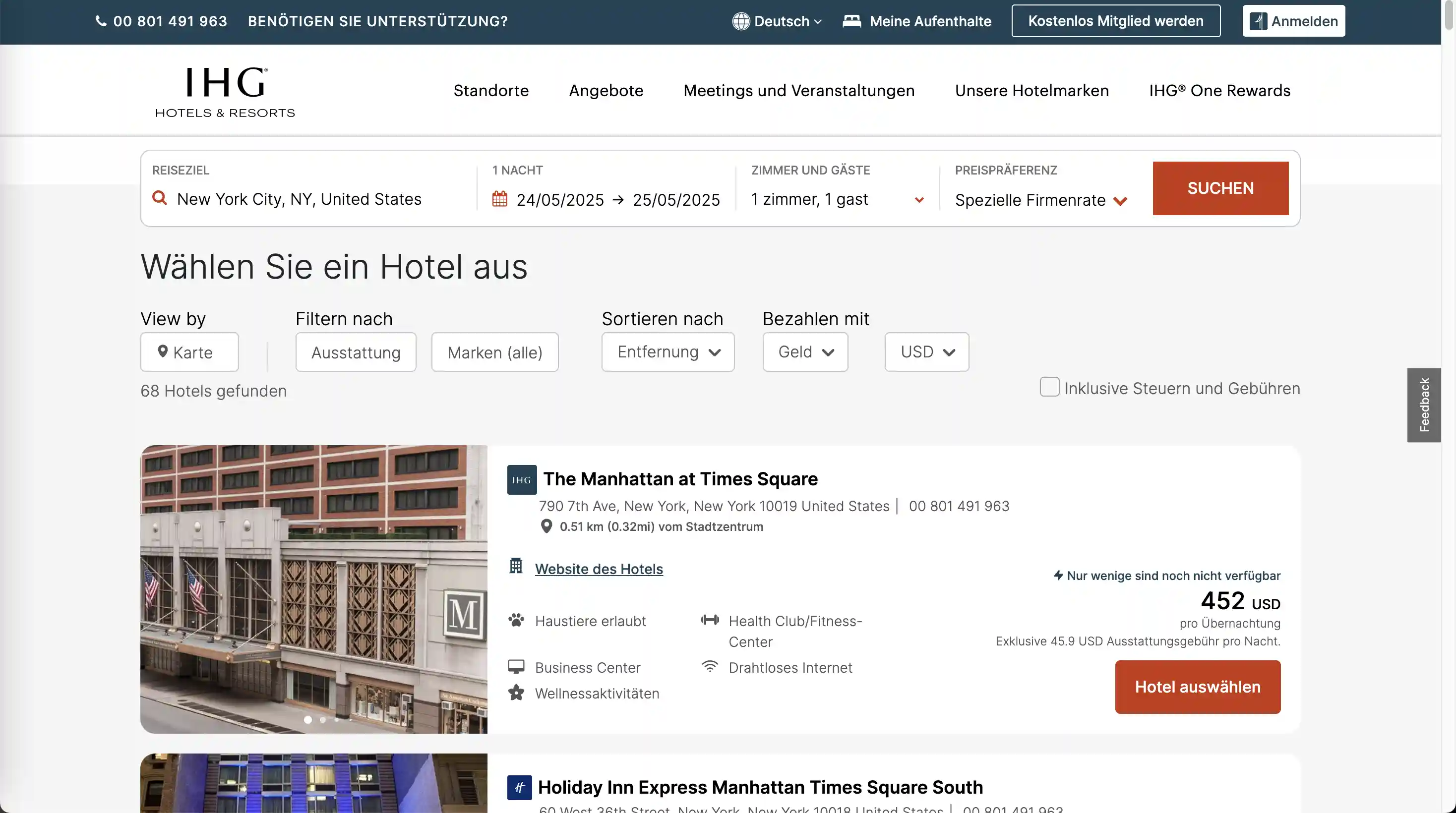 Schritt 3: Nach erfolgreicher Anwendung des IHG Firmenrabattcodes zeigt die Hotelsuchergebnisseite deutlich die ermäßigten Preise an, beispielsweise einen reduzierten Preis für das InterContinental New York Times Square.