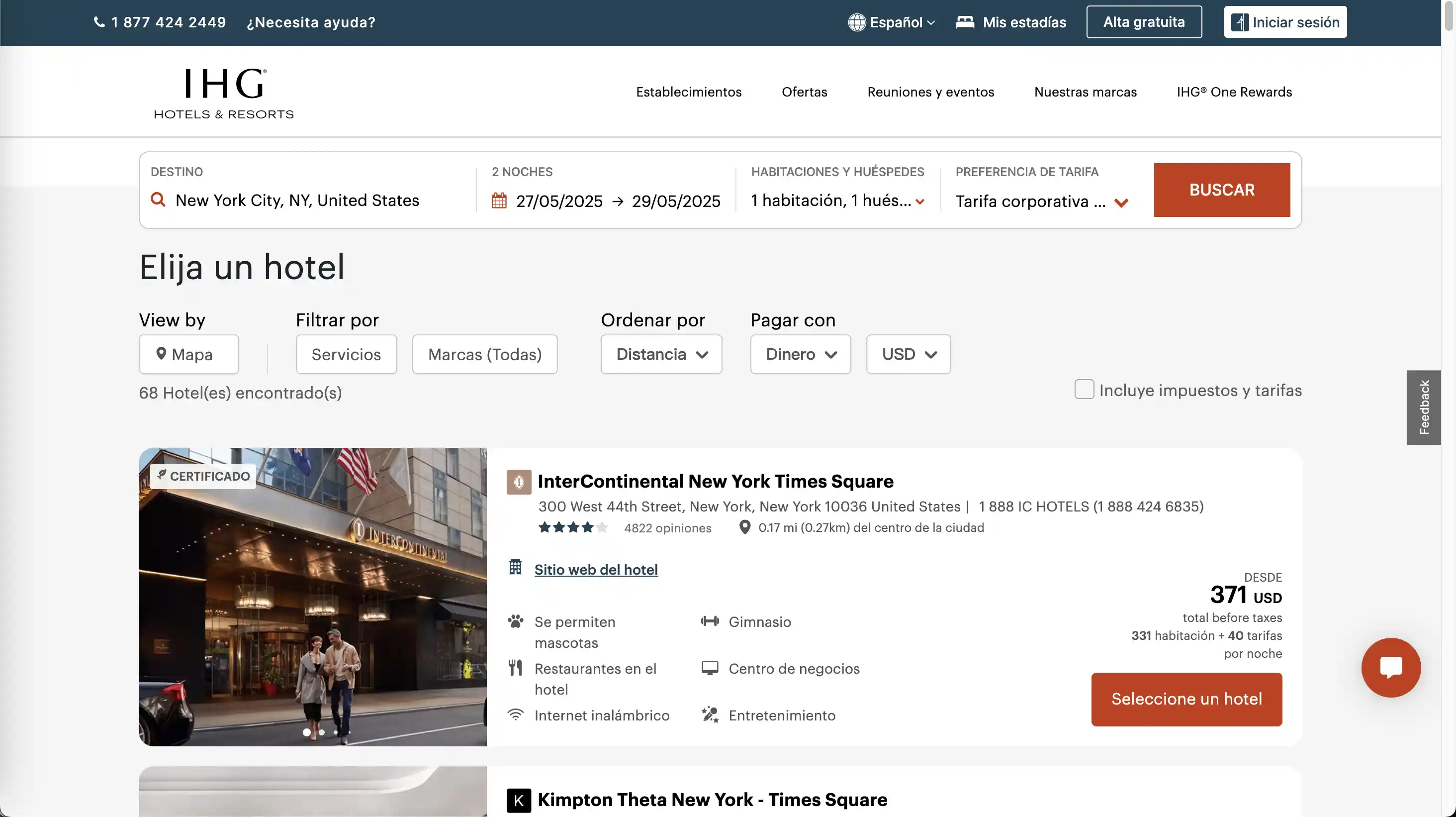 Paso 3: Después de aplicar con éxito el código corporativo IHG, la página de resultados de búsqueda de hoteles muestra claramente los precios con descuento, por ejemplo, un precio reducido para el InterContinental New York Times Square.