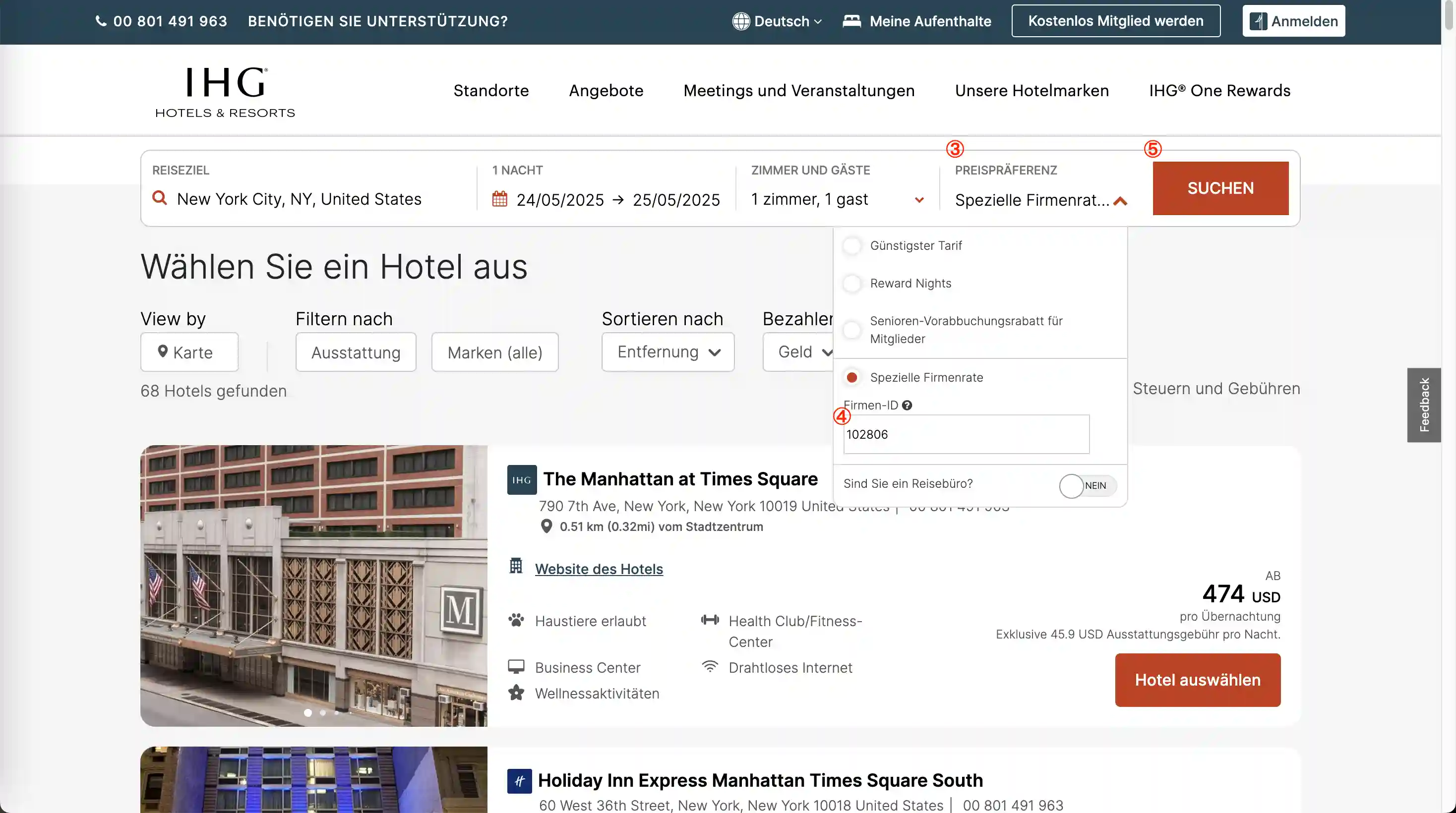 Schritt 1: Festlegen der Hotelsuchkriterien auf der IHG-Website, einschließlich Reiseziel, Daten und Gäste. Dies zeigt die anfängliche Benutzeroberfläche vor der Anwendung eines Firmencodes.