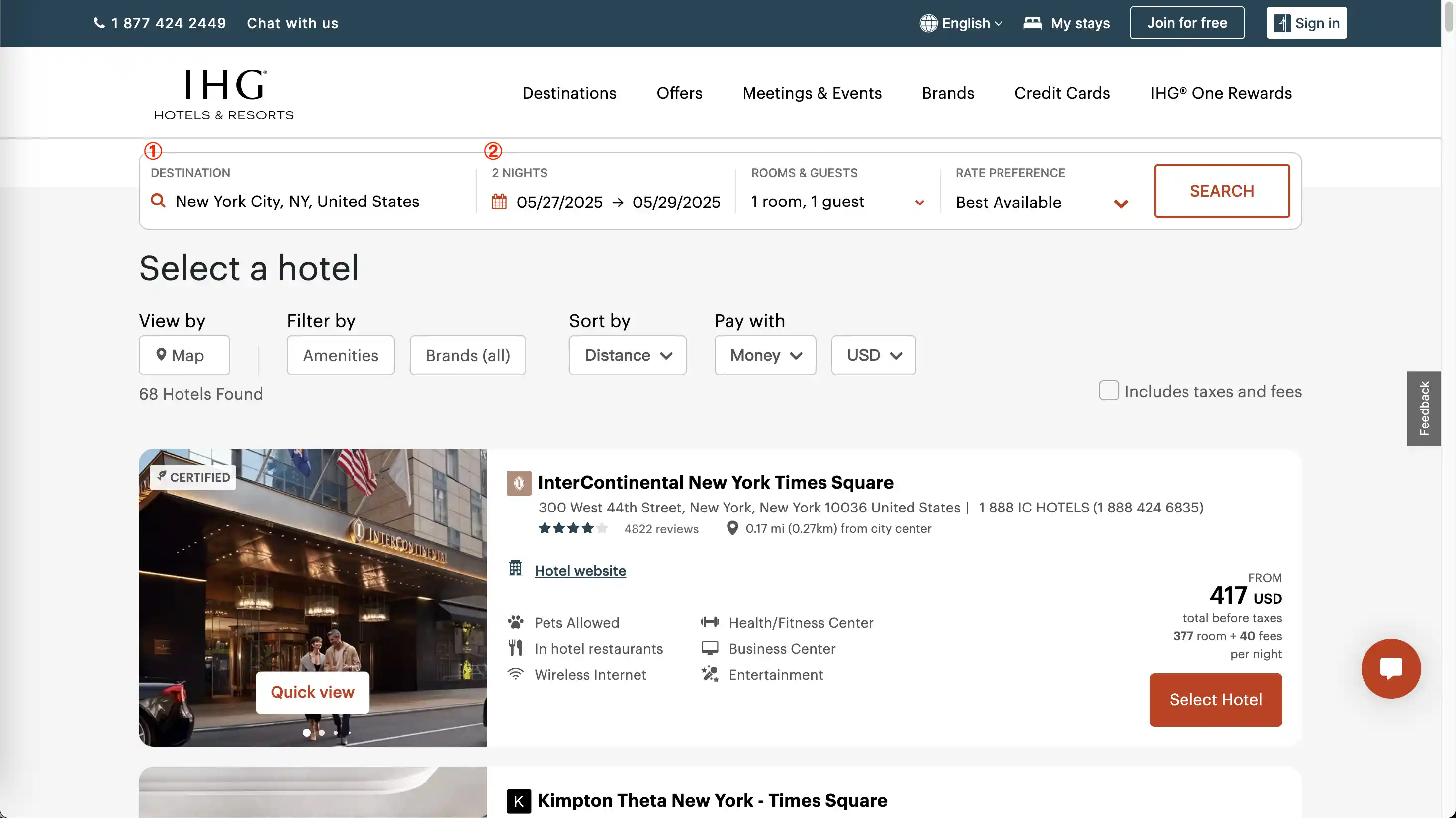 Step 1: Setting hotel search criteria on the IHG website, including destination, dates, and guests. This shows the initial interface before applying a corporate code.