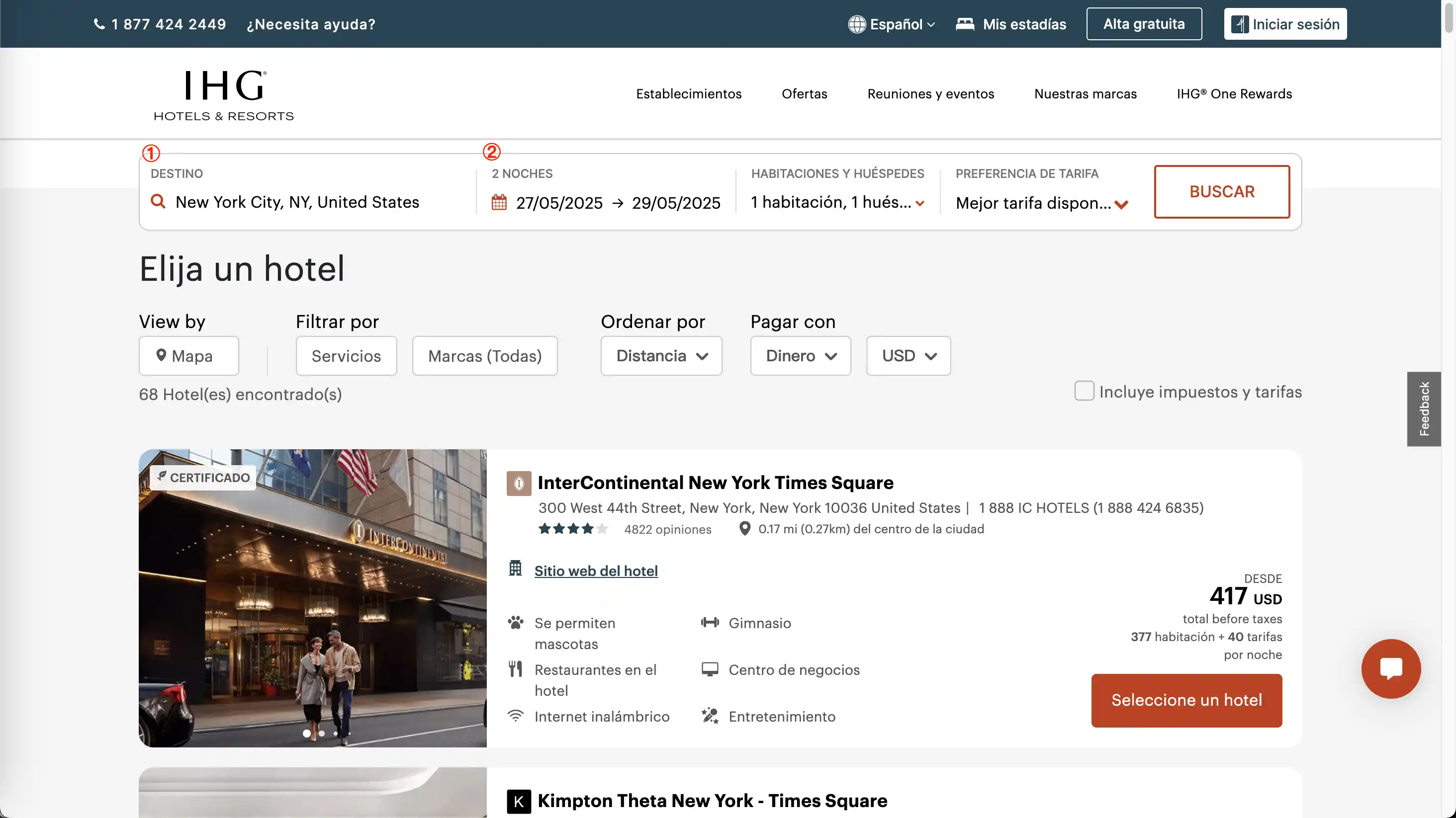Paso 1: Configuración de los criterios de búsqueda de hotel en el sitio web de IHG, incluyendo destino, fechas y huéspedes. Esto muestra la interfaz inicial antes de aplicar un código corporativo.