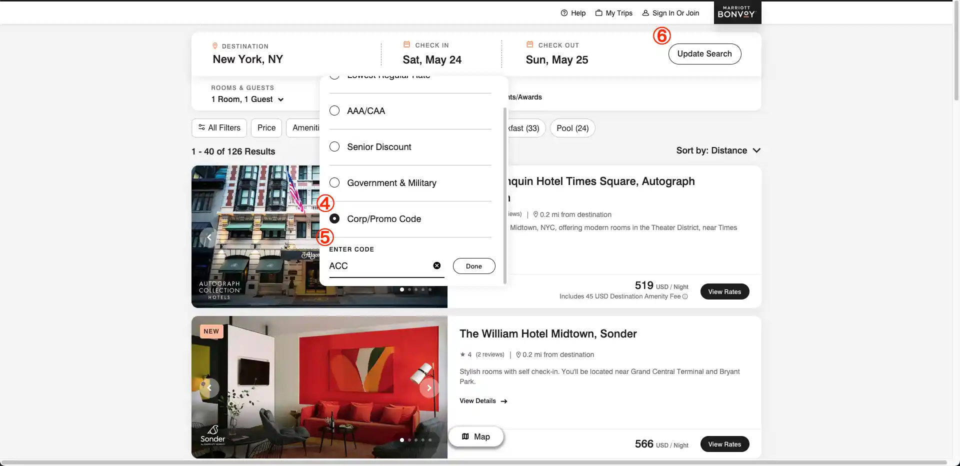 Step 2: Selecting 'Corp/Promo Code' and entering a valid Marriott corporate code in the designated field during the booking process to apply the corporate discount.