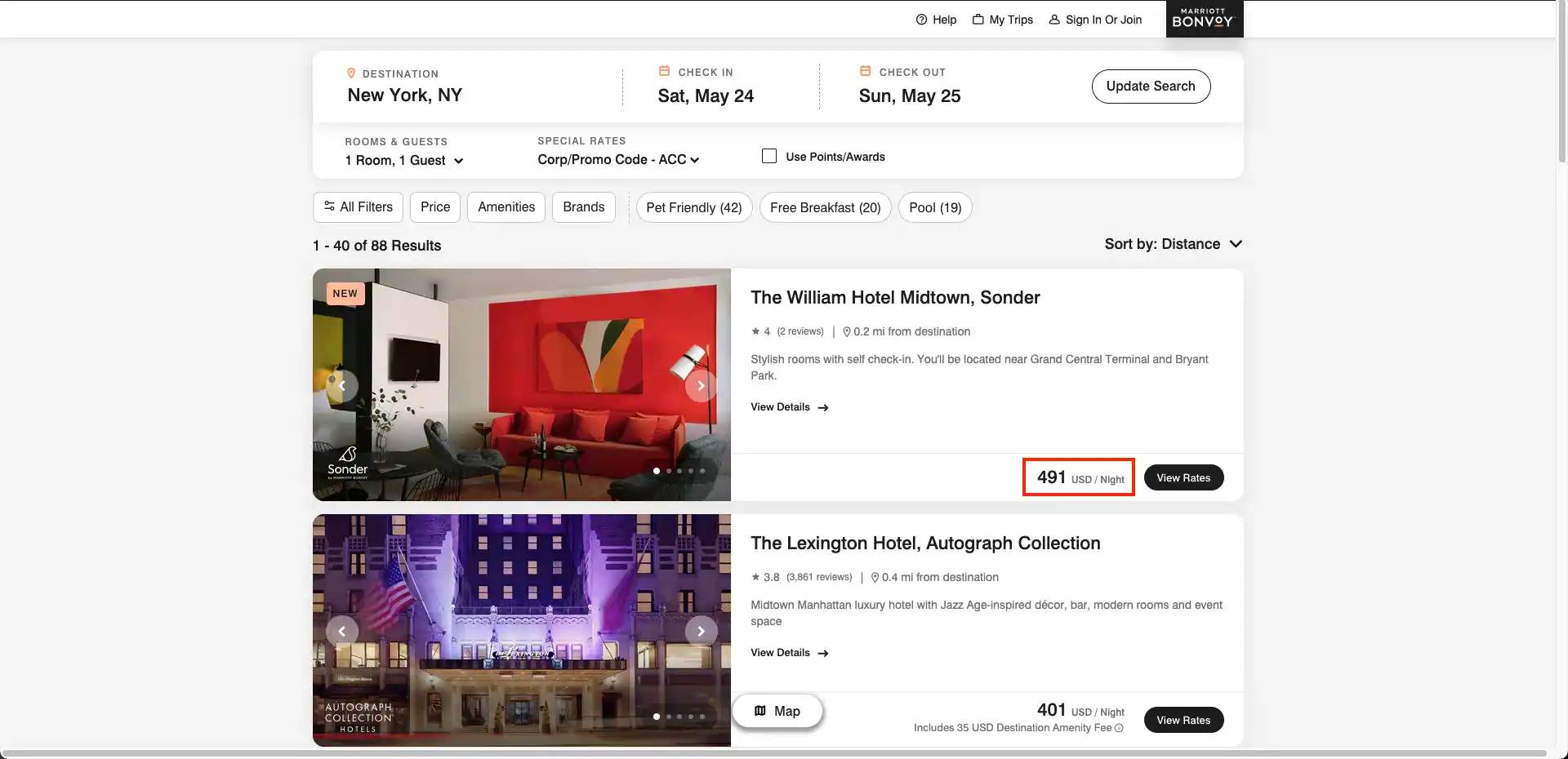 Step 3: After successfully applying the Marriott corporate code, the hotel search results page shows the discounted prices and filtered selection of participating hotels with corporate rates.