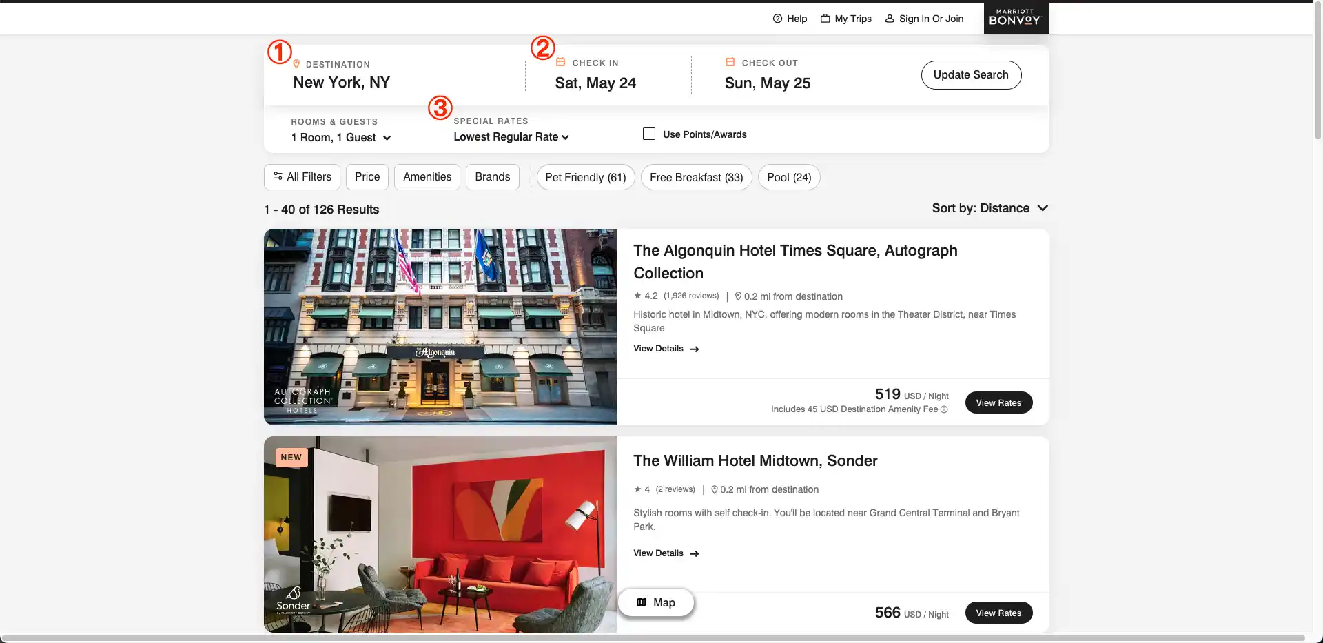 Step 1: Setting hotel search criteria on the Marriott Bonvoy website, including destination, dates, and guests. This shows the initial interface before applying a corporate code.